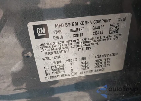 2018 Chevrolet Trax Lt z USA, uszkodzony, nr VIN KL7CJLSB7JB677219